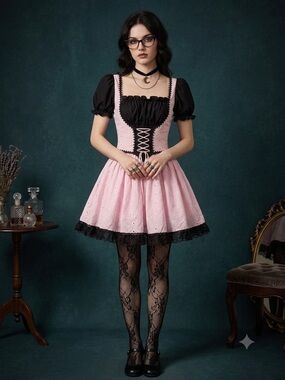 Jeannie Nitro Vintage Pink Black Eyelet Corset Mini Dress M Pastel Whimsigoth